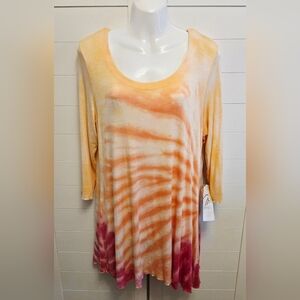 Miraclebody Tunic Top Sz L Pink Orange Tie Dye Miraclesuit 3/4 Sleeve Flowy Hem